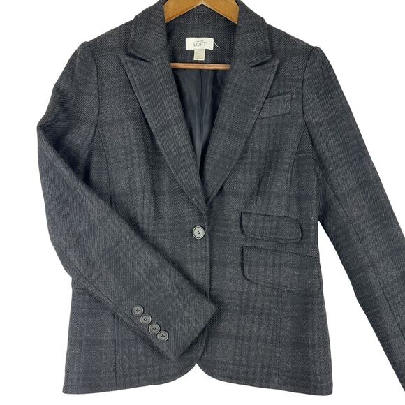Ann Taylor Loft Wool Blend Glen Plaid 2 Flap Blazer Women’s SZ 4 Gray/Black - Picture 1 of 10